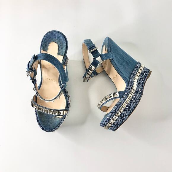 Christian Louboutin Cataclou 140 Jeans Silvers Studded Wedge Platform Sandals 37 - Picture 2 of 13